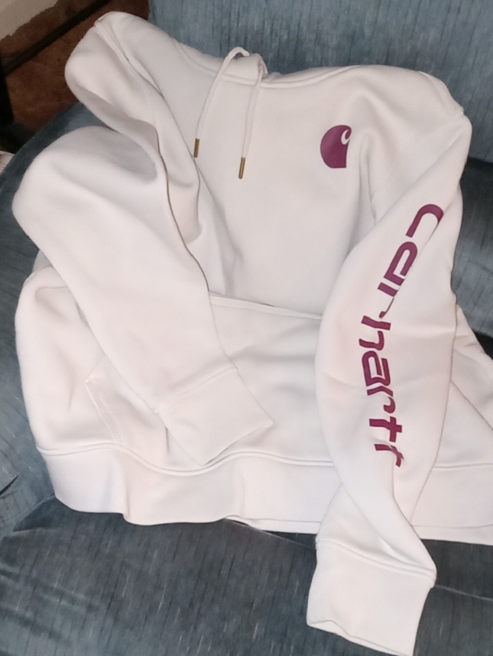 Carhartt WOMENS Cream Crewneck Hoodie with Purple/Wine Logo